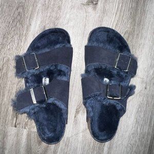 Navy Birkenstock Shearling Arizona Suede Sandals